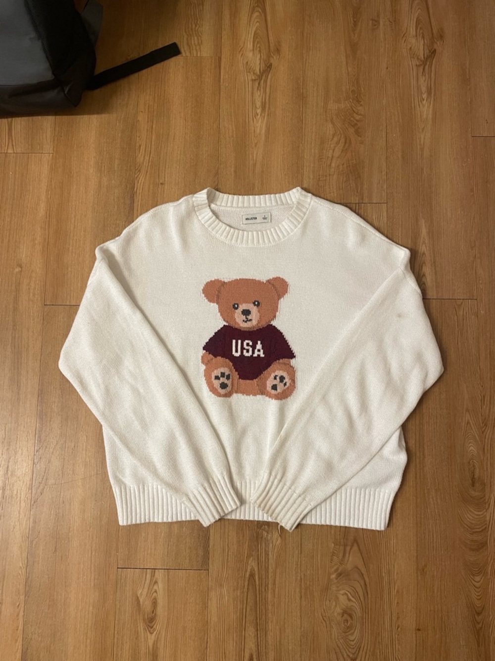Hollister White Crewneck Sweater with Brown Teddy and Maroon USA Sweater